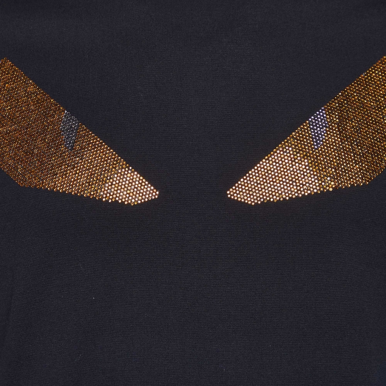 Pre Owned Fendi Black Cotton Bag Bugs Embellished Crew Neck T-Shirt M
