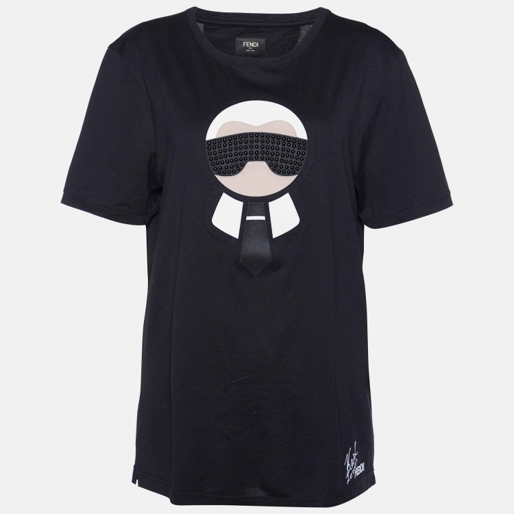 Pre Owned Fendi Black Karl Appliqued Cotton Crew Neck T-Shirt XL