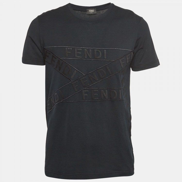 Pre Owned Fendi Black Logo Embroidered Cotton Jersey T-Shirt L