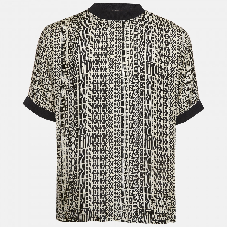 Pre Owned Fendi Cream/Black Printed Silk T-Shirt M