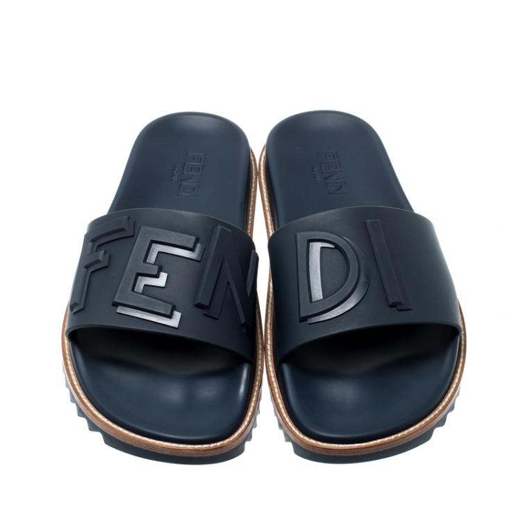 Pre Owned Fendi Blue TPU Fussbett Flat Slides Size 42