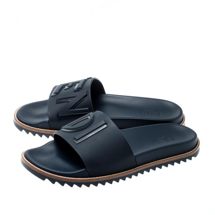 Pre Owned Fendi Blue TPU Fussbett Flat Slides Size 42
