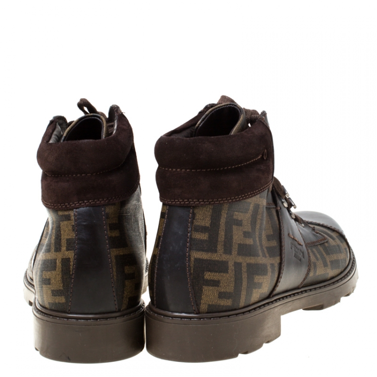 Pre Owned Fendi Brown Zucca Coated Canvas and Leather Mario Hiking Boots Size 43