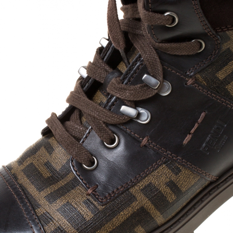 Pre Owned Fendi Brown Zucca Coated Canvas and Leather Mario Hiking Boots Size 43