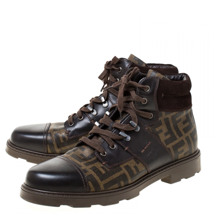 Pre Owned Fendi Brown Zucca Coated Canvas and Leather Mario Hiking Boots Size 43