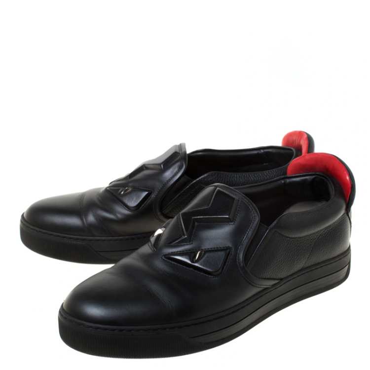Pre Owned Fendi Black Leather Monster 3D Eyes Slip On Sneakers Size 42