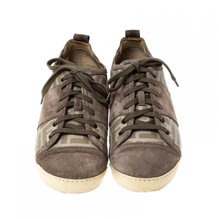 Pre Owned Fendi Beige Monogram Canvas And Suede Cap Toe Sneakers Size 42