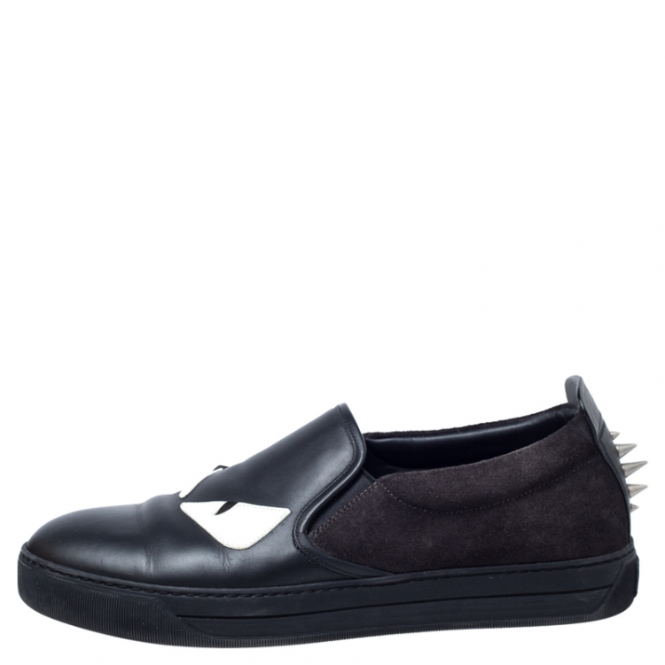 Pre Owned Fendi Black Suede Leather Bag Bugs Spike Slip On Sneakers Size 42