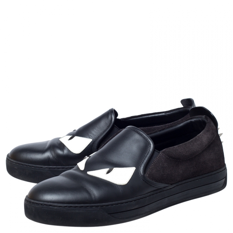 Pre Owned Fendi Black Suede Leather Bag Bugs Spike Slip On Sneakers Size 42