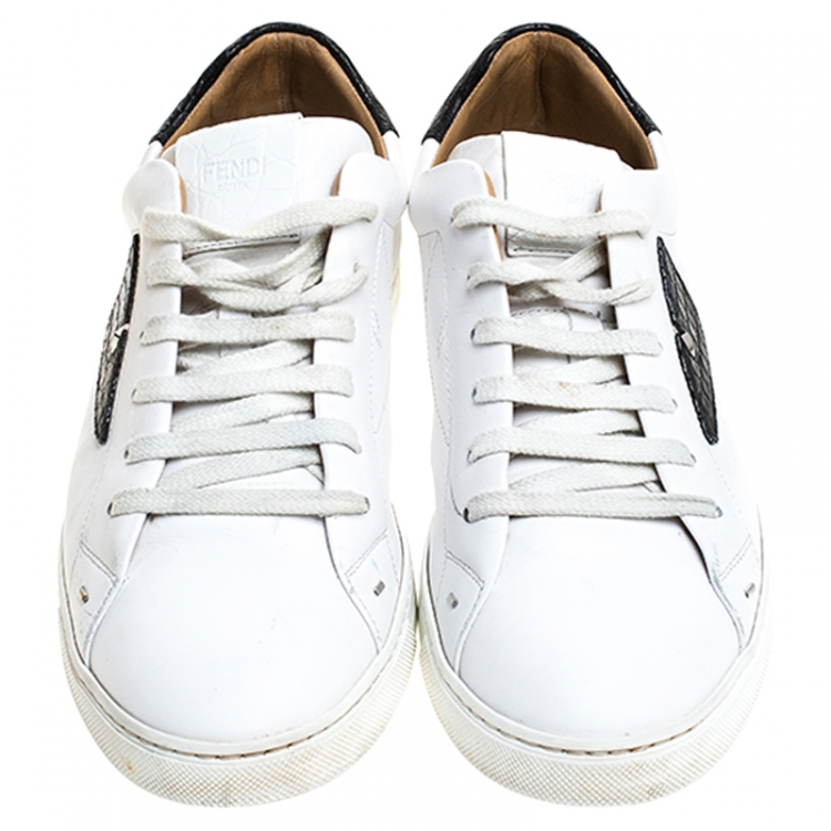 Pre Owned Fendi White Leather Bag Bugs Low Top Sneakers Size 41