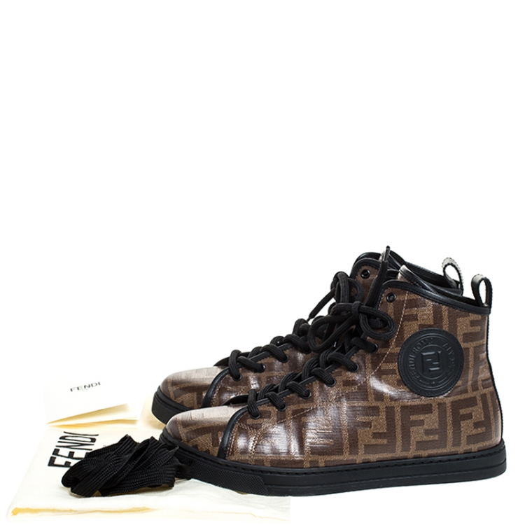 Pre Owned Fendi Brown Zucca Coated Canvas Lace Up High Top Sneakers Size 38