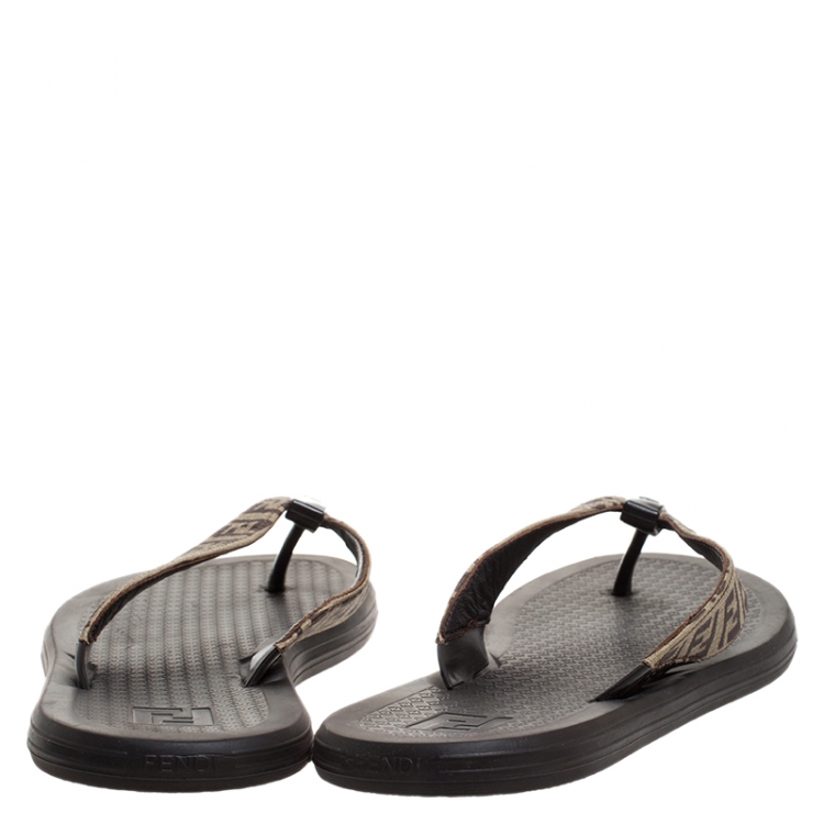Pre Owned Fendi Brown Zucca Coated Canvas Flat Flip Flop Size 44