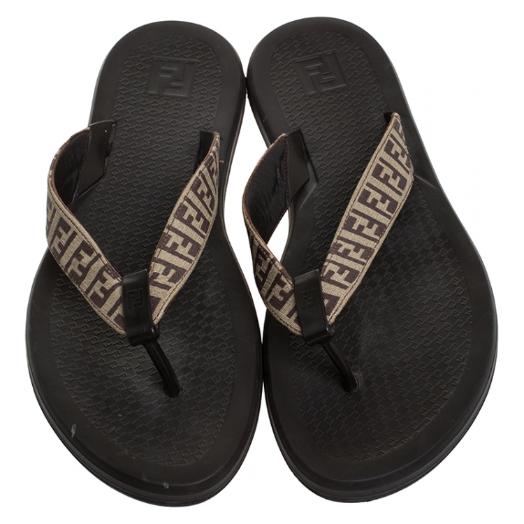 Pre Owned Fendi Brown Zucca Coated Canvas Flat Flip Flop Size 44