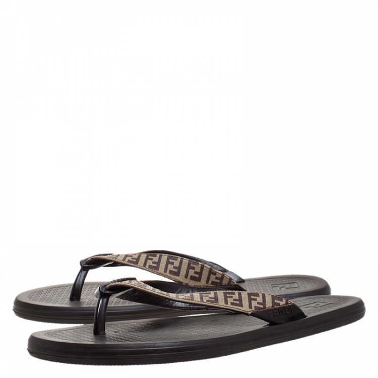 Pre Owned Fendi Brown Zucca Coated Canvas Flat Flip Flop Size 44