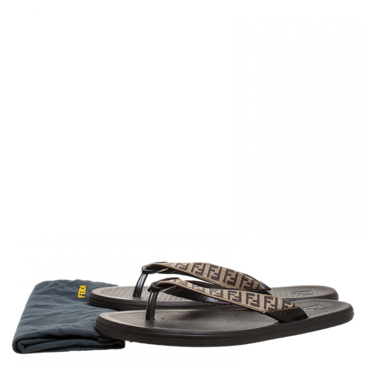 Pre Owned Fendi Brown Zucca Coated Canvas Flat Flip Flop Size 44