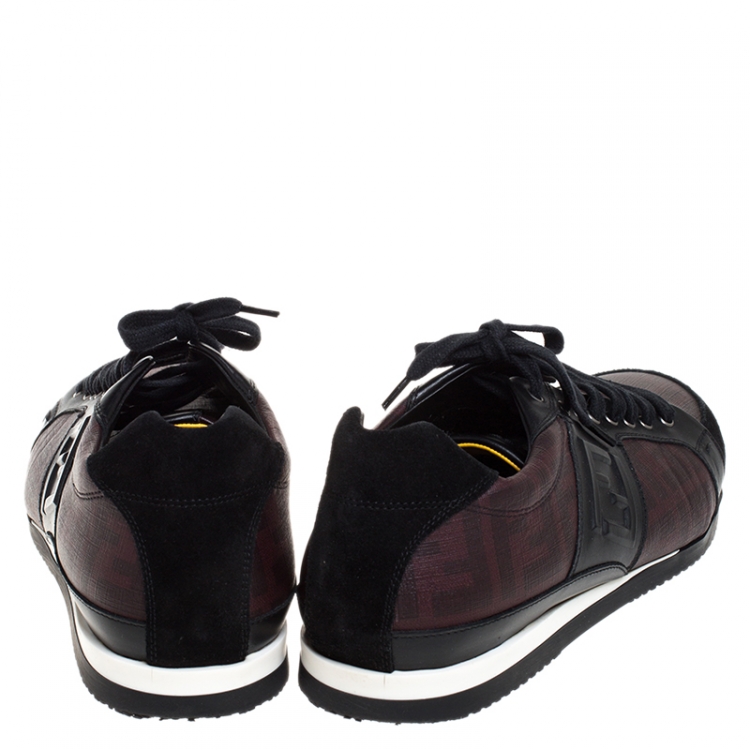 Pre Owned Fendi Black/Burgundy Zucca Coated Canvas and Leather Lace Low Top Sneakers Size 44