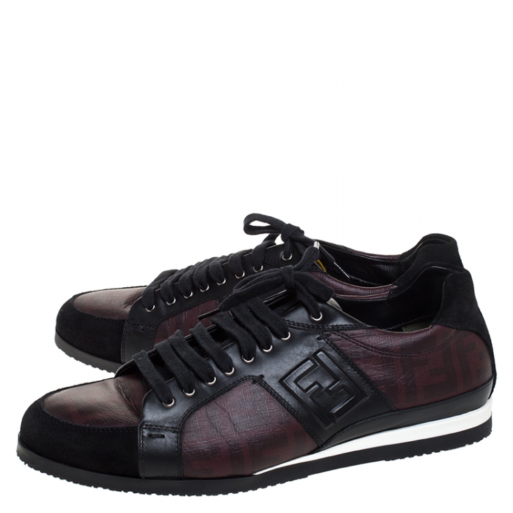 Pre Owned Fendi Black/Burgundy Zucca Coated Canvas and Leather Lace Low Top Sneakers Size 44
