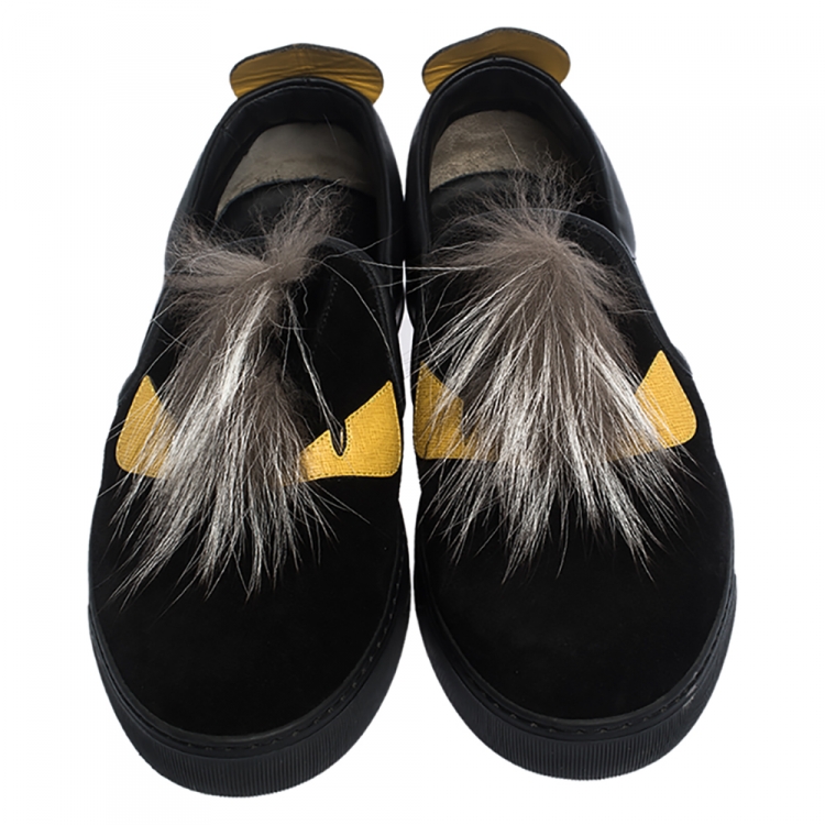 Pre Owned Fendi Black/Yellow Leather and Suede Fur Detail Monster Slip On Sneakers Size 42