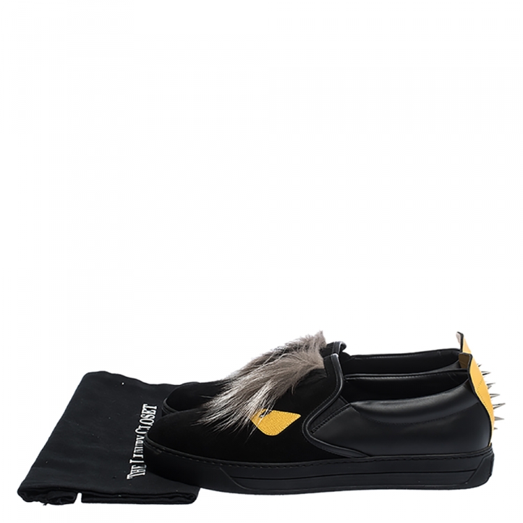 Pre Owned Fendi Black/Yellow Leather and Suede Fur Detail Monster Slip On Sneakers Size 42