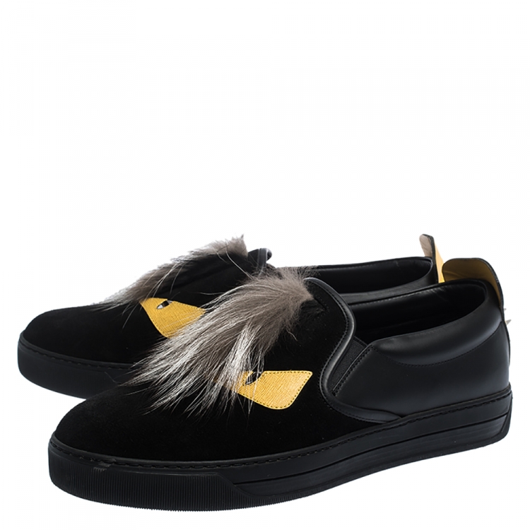 Pre Owned Fendi Black/Yellow Leather and Suede Fur Detail Monster Slip On Sneakers Size 42