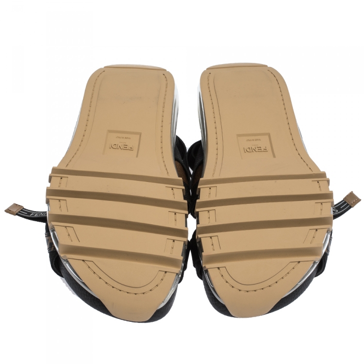 Pre Owned Fendi Black/Brown Zucca Leather and Elastic Band Running Sandals Size 41
