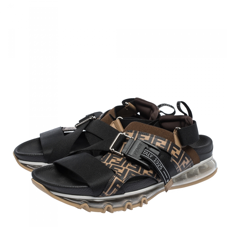 Pre Owned Fendi Black/Brown Zucca Leather and Elastic Band Running Sandals Size 41