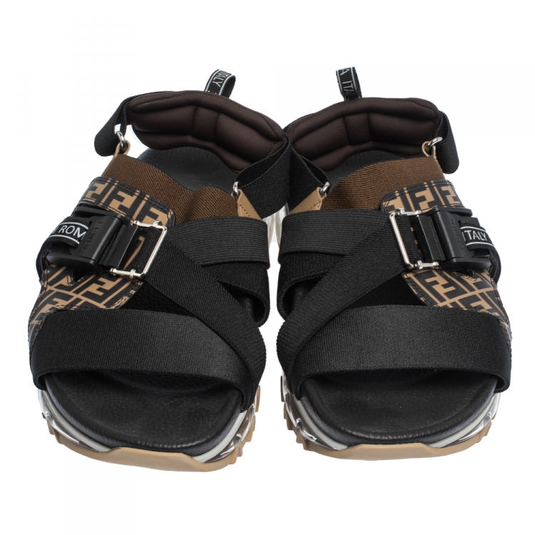 Pre Owned Fendi Black/Brown Zucca Leather and Elastic Band Running Sandals Size 41