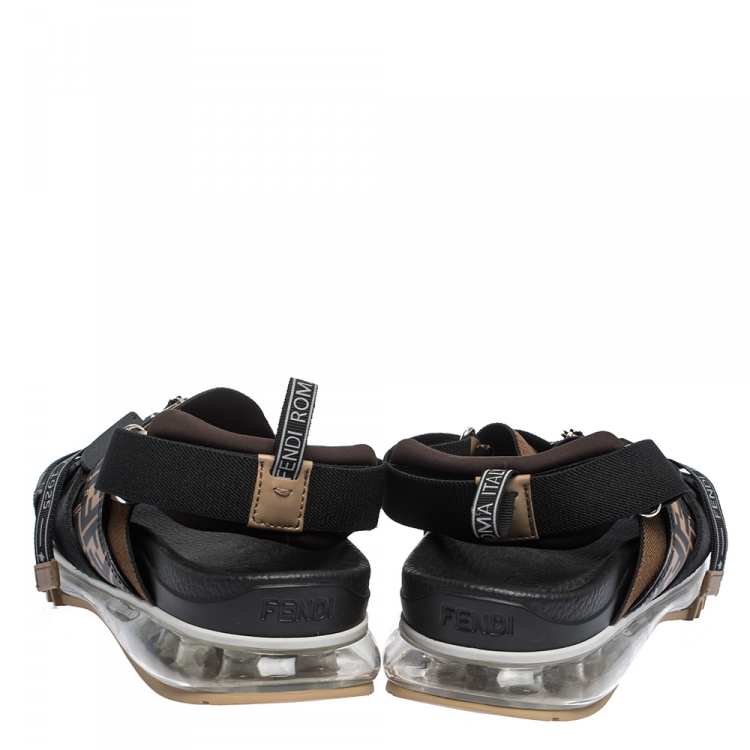 Pre Owned Fendi Black/Brown Zucca Leather and Elastic Band Running Sandals Size 41