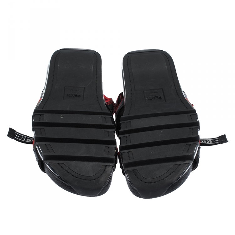 Pre Owned Fendi Black/Red Leather and Elastic Band Running Sandals Size 41