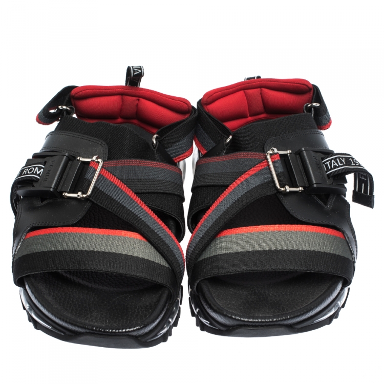 Pre Owned Fendi Black/Red Leather and Elastic Band Running Sandals Size 41