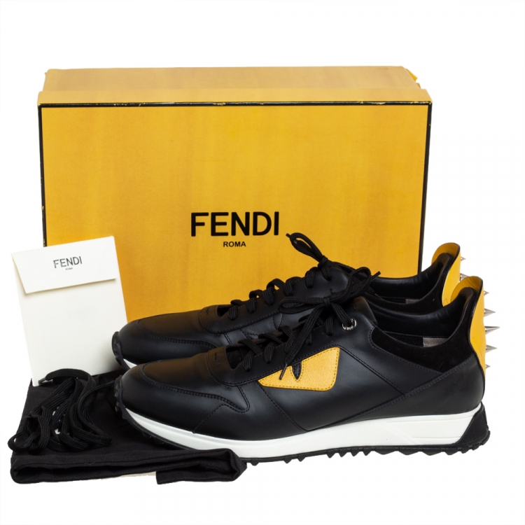 Pre Owned Fendi Black/Yellow Leather Bag Bugs Spiked Low Top Sneakers Size 43