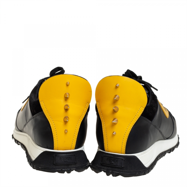 Pre Owned Fendi Black/Yellow Leather Bag Bugs Spiked Low Top Sneakers Size 43