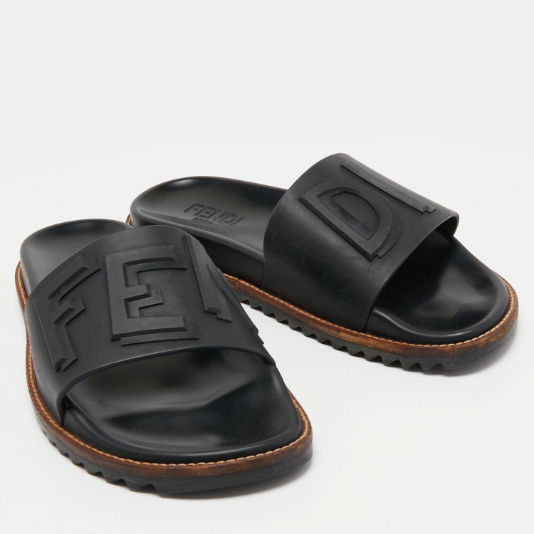 Pre Owned Fendi Black Rubber Logo Embossed Slides Size 41
