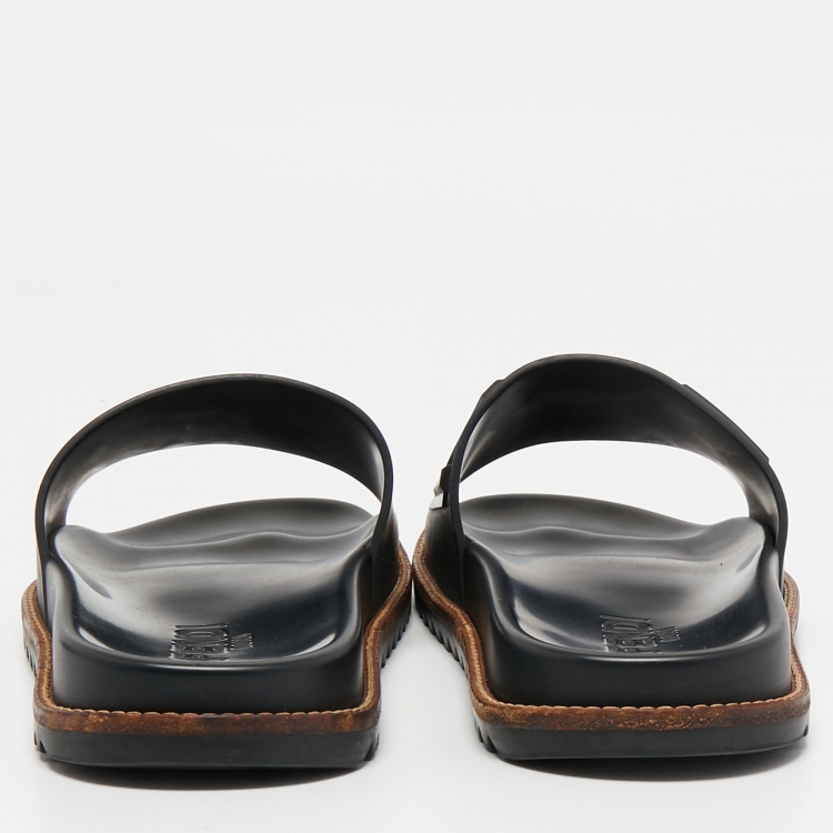 Pre Owned Fendi Black Rubber Logo Embossed Slides Size 41
