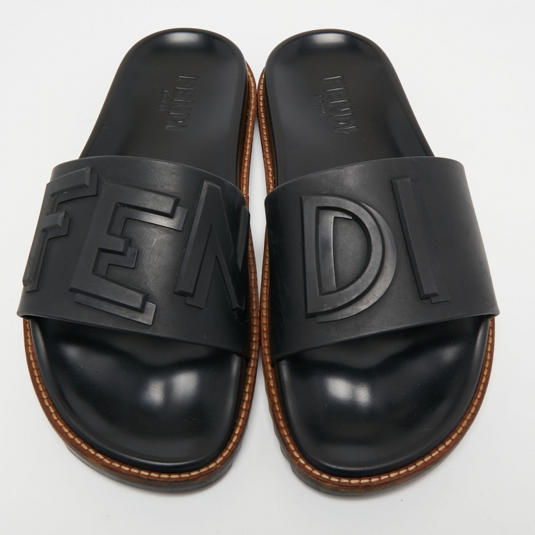 Pre Owned Fendi Black Rubber Logo Embossed Slides Size 41