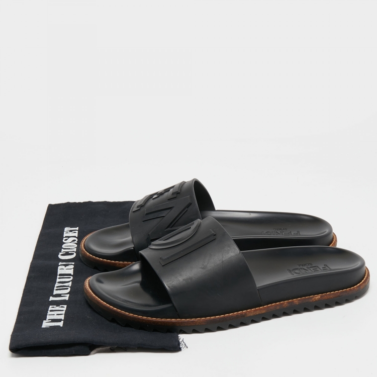 Pre Owned Fendi Black Rubber Logo Embossed Slides Size 41