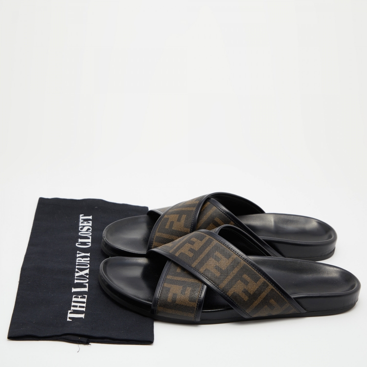 Pre Owned Fendi Brown/Black Zucca Coated Canvas and Leather Crisscross Slide Sandals Size 45