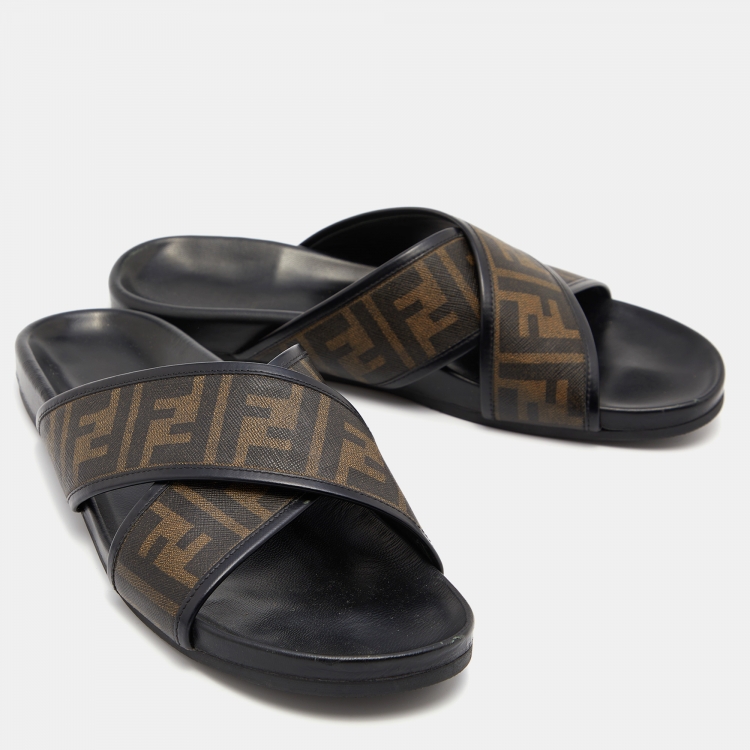 Pre Owned Fendi Brown/Black Zucca Coated Canvas and Leather Crisscross Slide Sandals Size 45