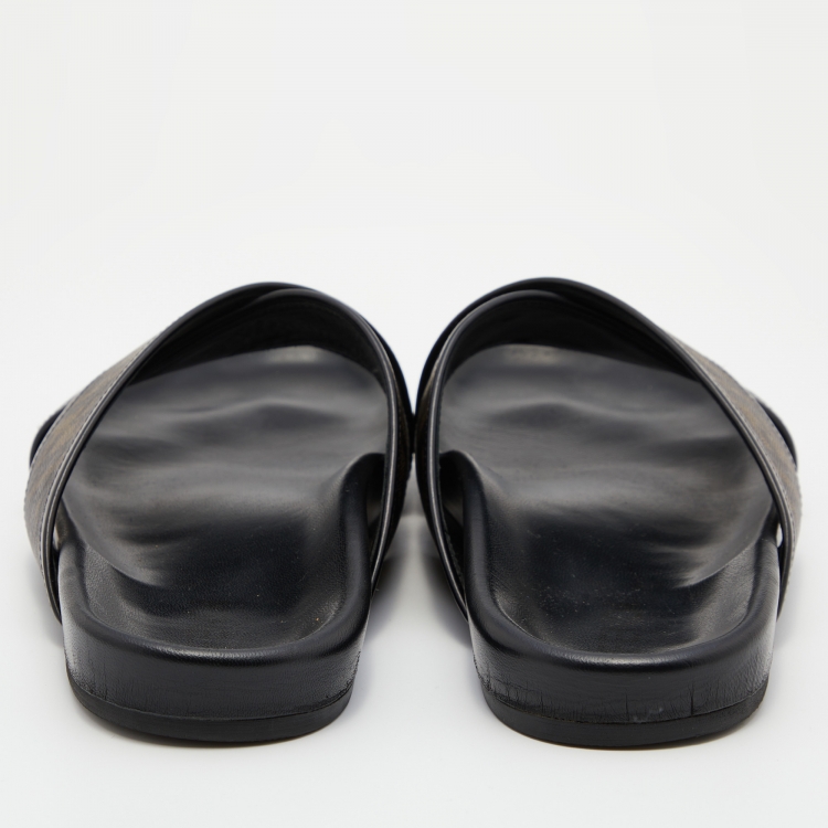 Pre Owned Fendi Brown/Black Zucca Coated Canvas and Leather Crisscross Slide Sandals Size 45