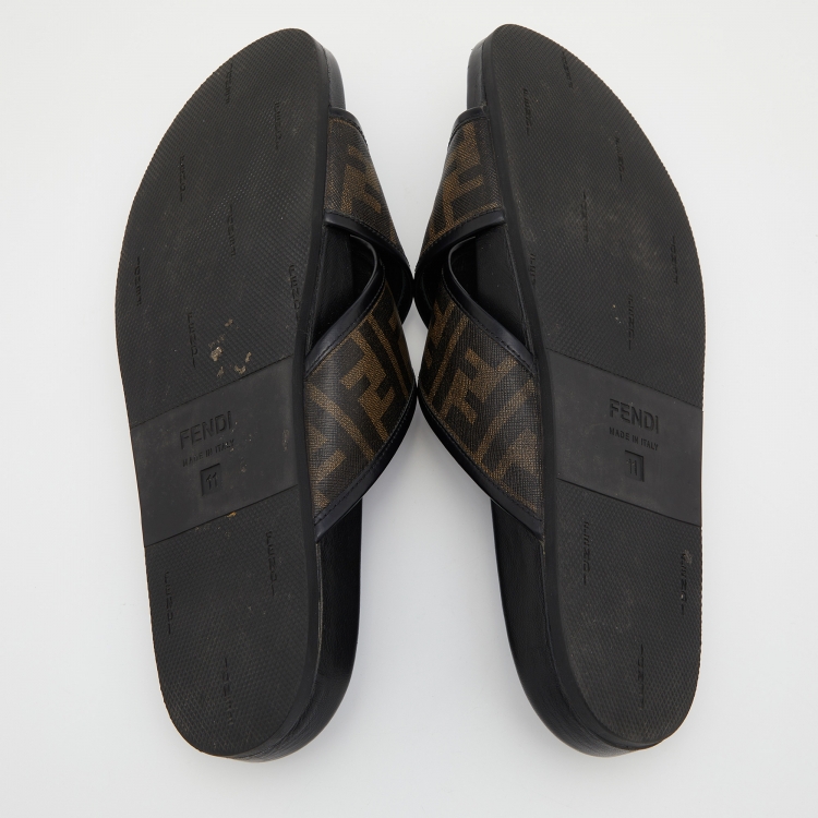 Pre Owned Fendi Brown/Black Zucca Coated Canvas and Leather Crisscross Slide Sandals Size 45