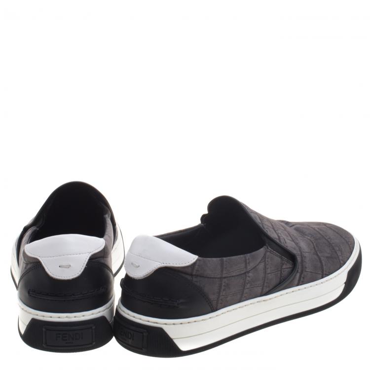 Pre Owned Fendi Grey Printed Fabric And Leather Slip On Sneakers Size 40