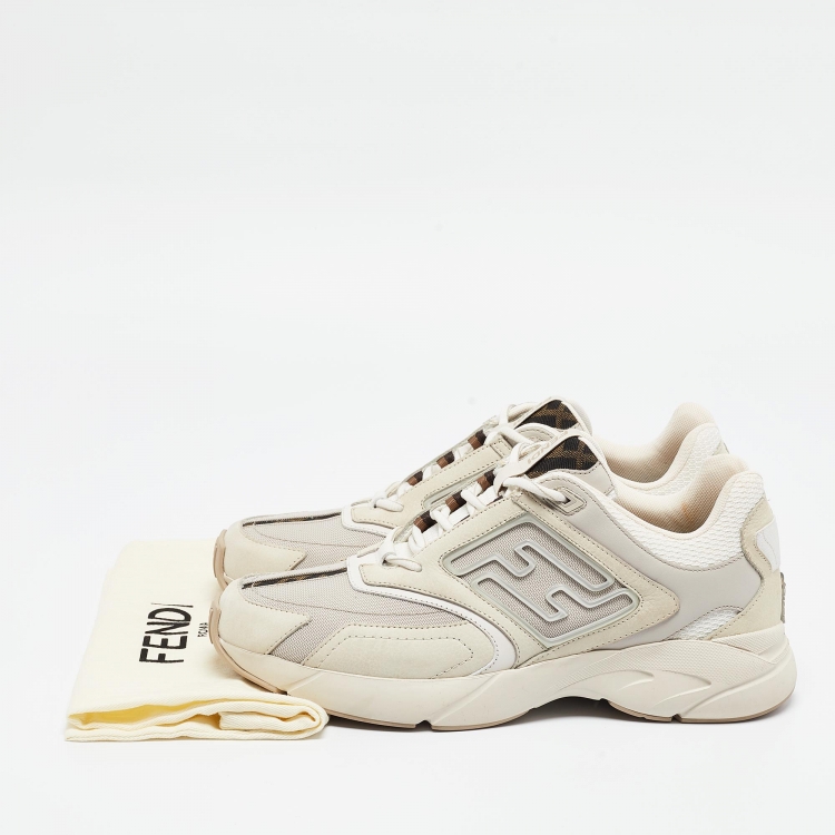 Pre Owned Fendi Cream/Brown Canvas and Leather Faster Sneakers Size 42.5