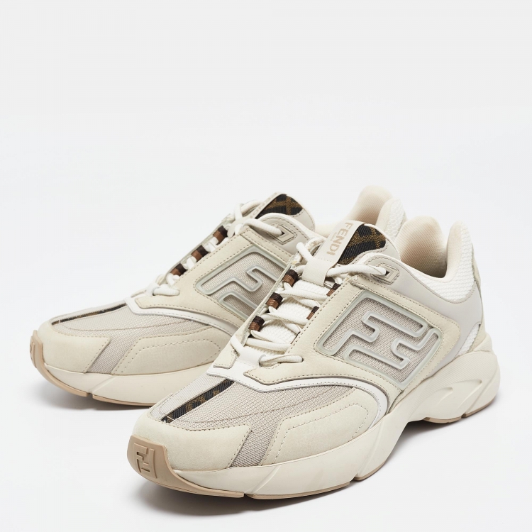 Pre Owned Fendi Cream/Brown Canvas and Leather Faster Sneakers Size 42.5