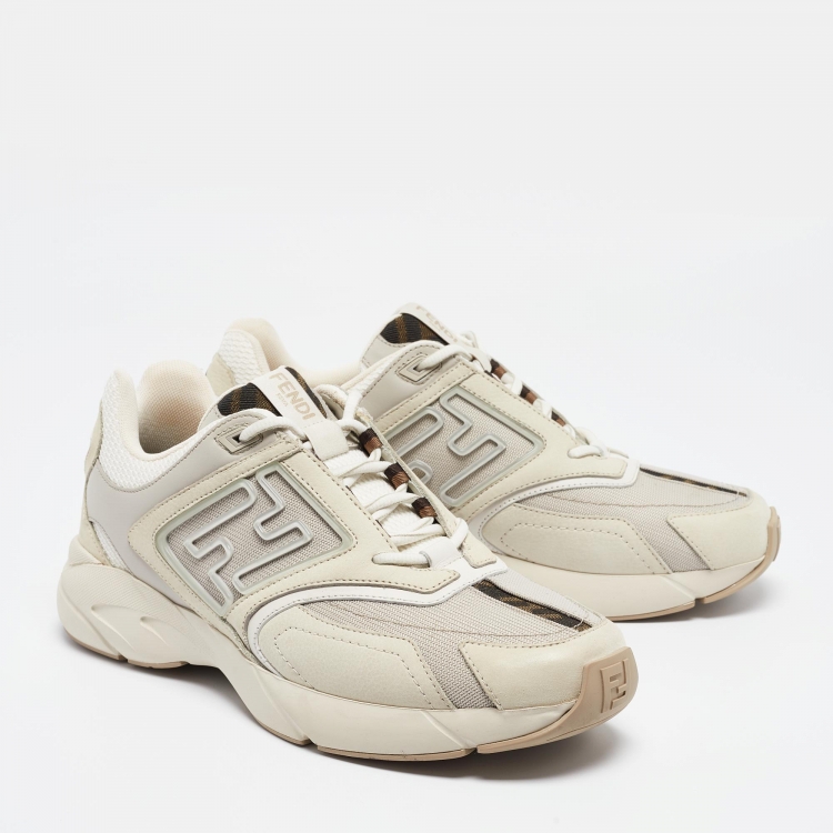 Pre Owned Fendi Cream/Brown Canvas and Leather Faster Sneakers Size 42.5