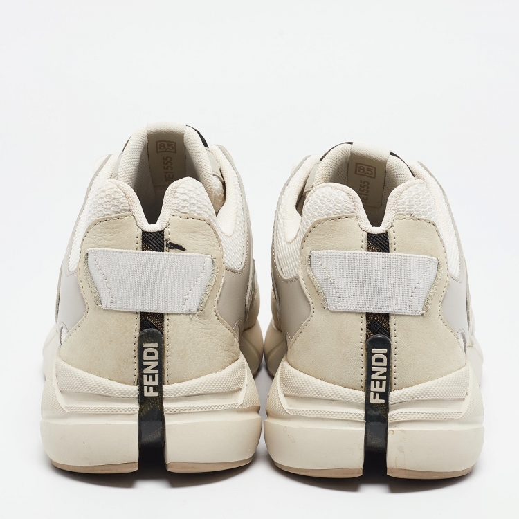 Pre Owned Fendi Cream/Brown Canvas and Leather Faster Sneakers Size 42.5