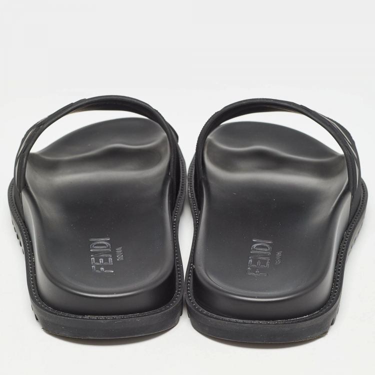 Pre Owned Fendi Black Rubber FF Logo Flat Slides Size  43