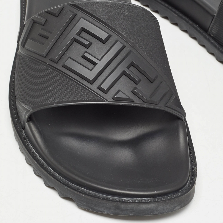 Pre Owned Fendi Black Rubber FF Logo Flat Slides Size  43