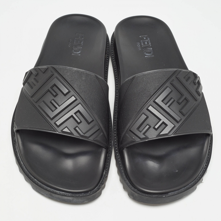 Pre Owned Fendi Black Rubber FF Logo Flat Slides Size  43