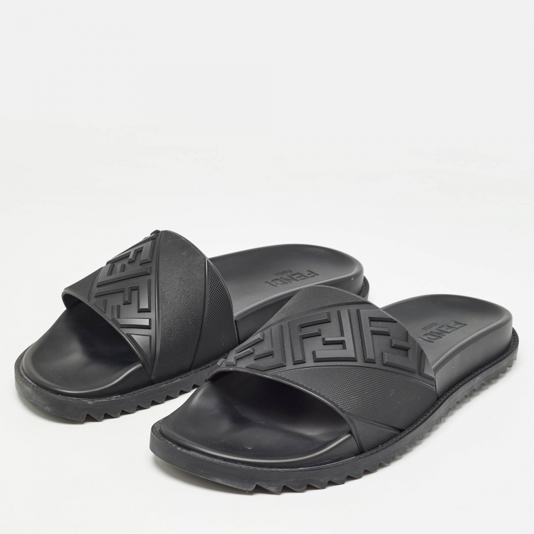 Pre Owned Fendi Black Rubber FF Logo Flat Slides Size  43