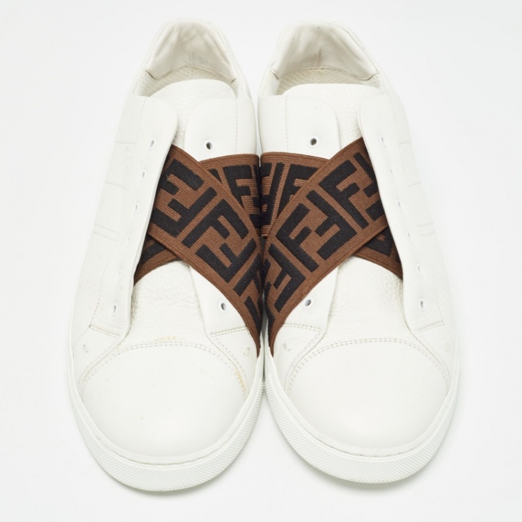 Pre Owned Fendi White/Brown Leather and Zucca Elastic Band Slip On Sneakers Size 45